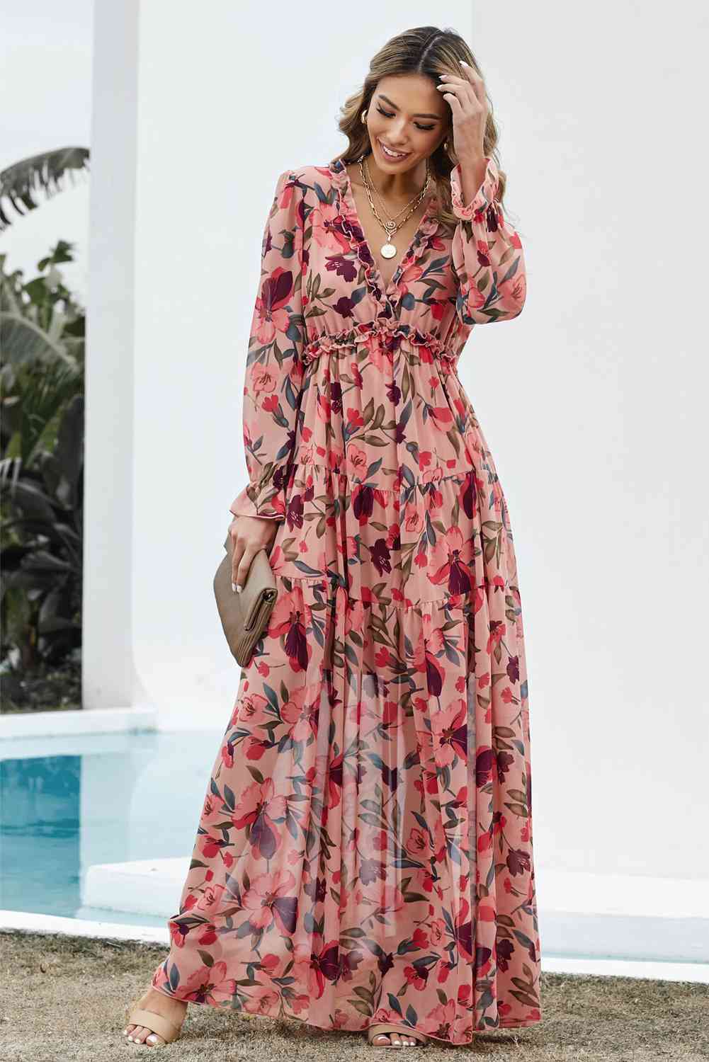 Floral Frill Trim Flounce Sleeve Plunge Maxi Dress-2 colors