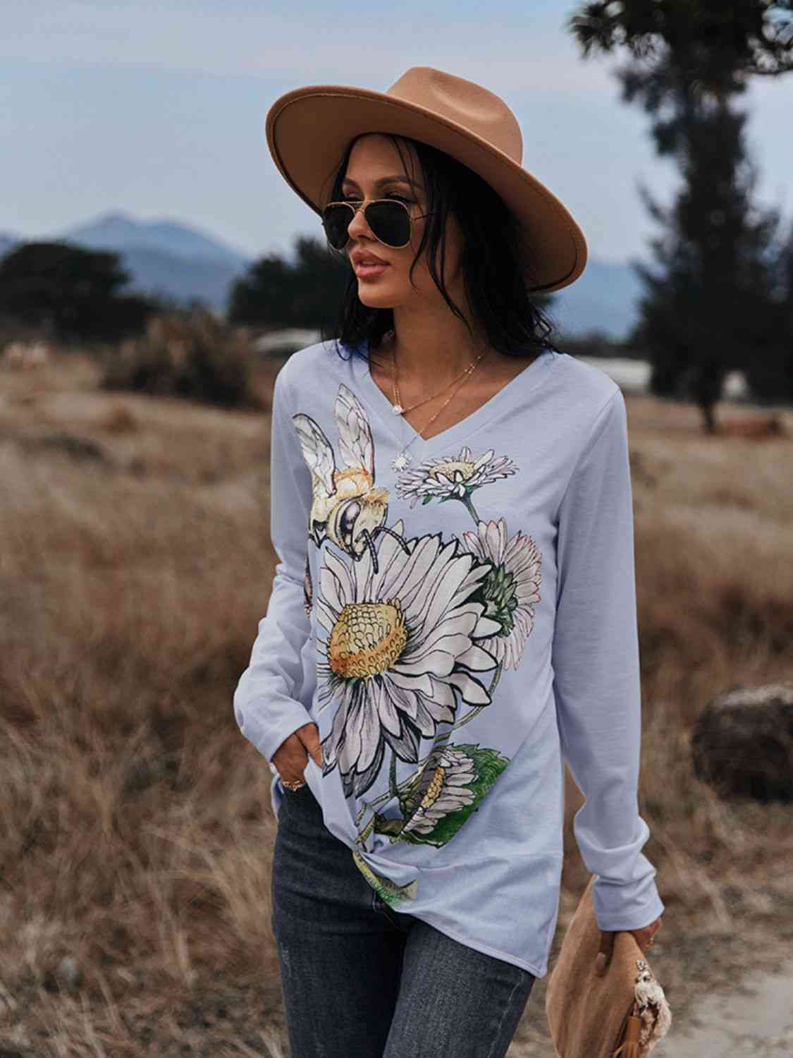 Floral Print Twisted V-Neck Long Sleeve Tee-3 colors