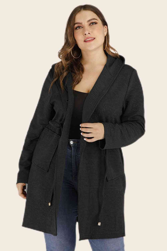 Plus Size Drawstring Waist Hooded Cardigan with Pockets- 3 colors