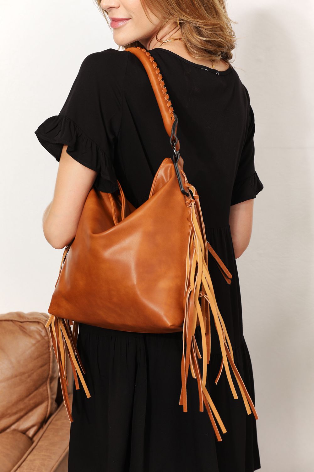 SHOMICO PU Leather Fringe Detail Shoulder Bag- 2 colors