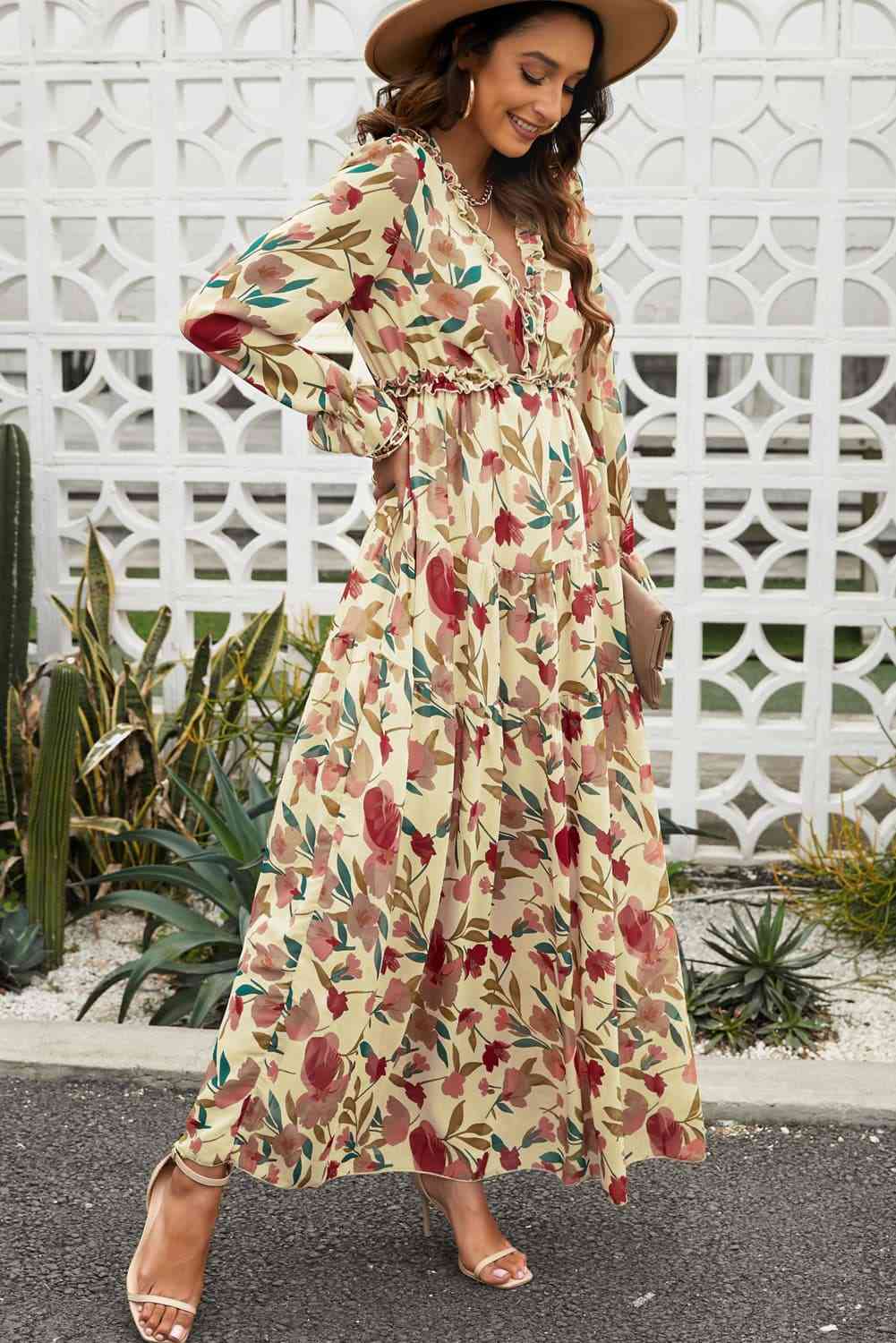 Floral Frill Trim Flounce Sleeve Plunge Maxi Dress-2 colors